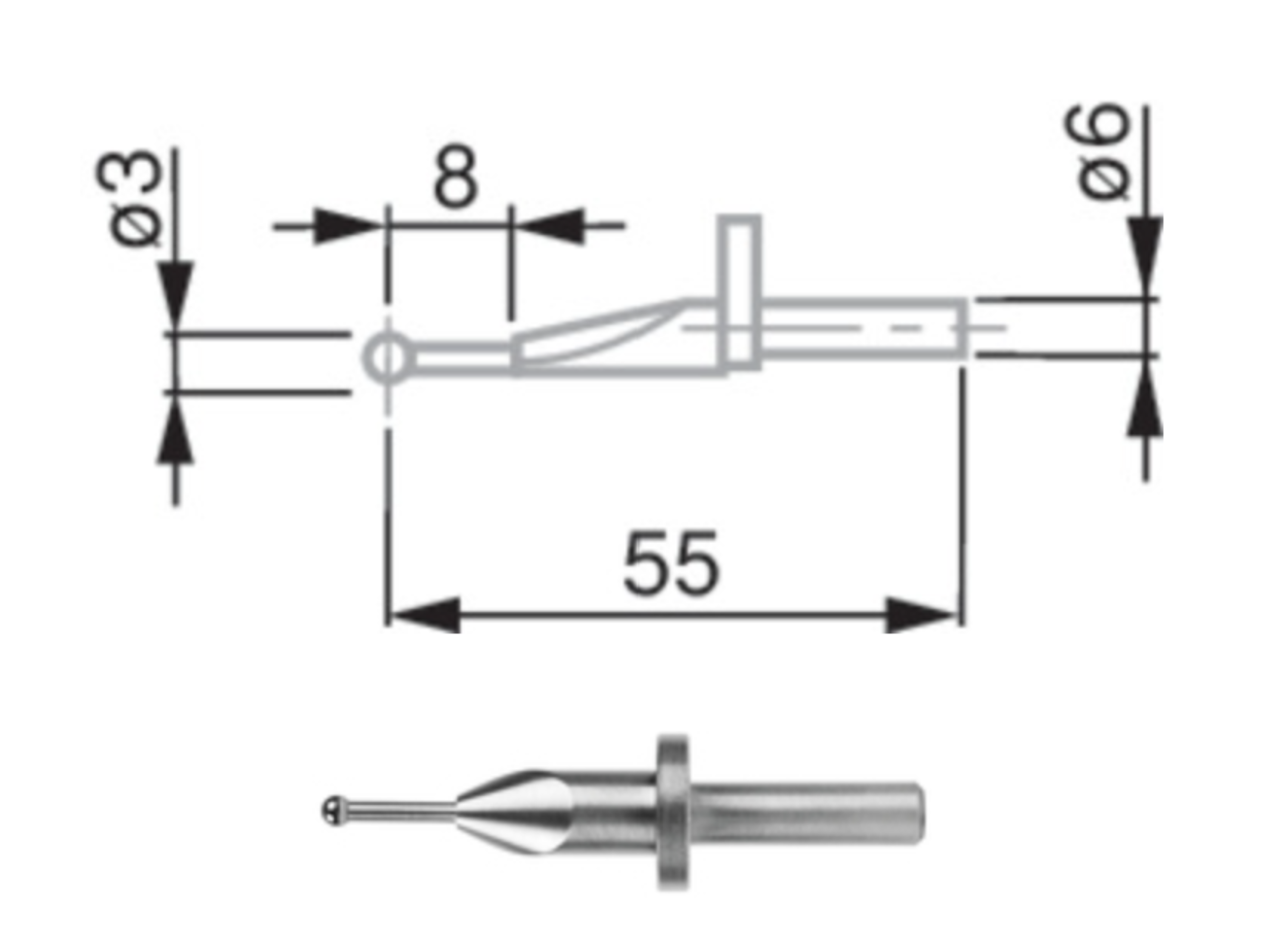 Tesa Ball Probe Carbide Ø6mm Shank, Ø 3 mm, L = 55 mm 00760230