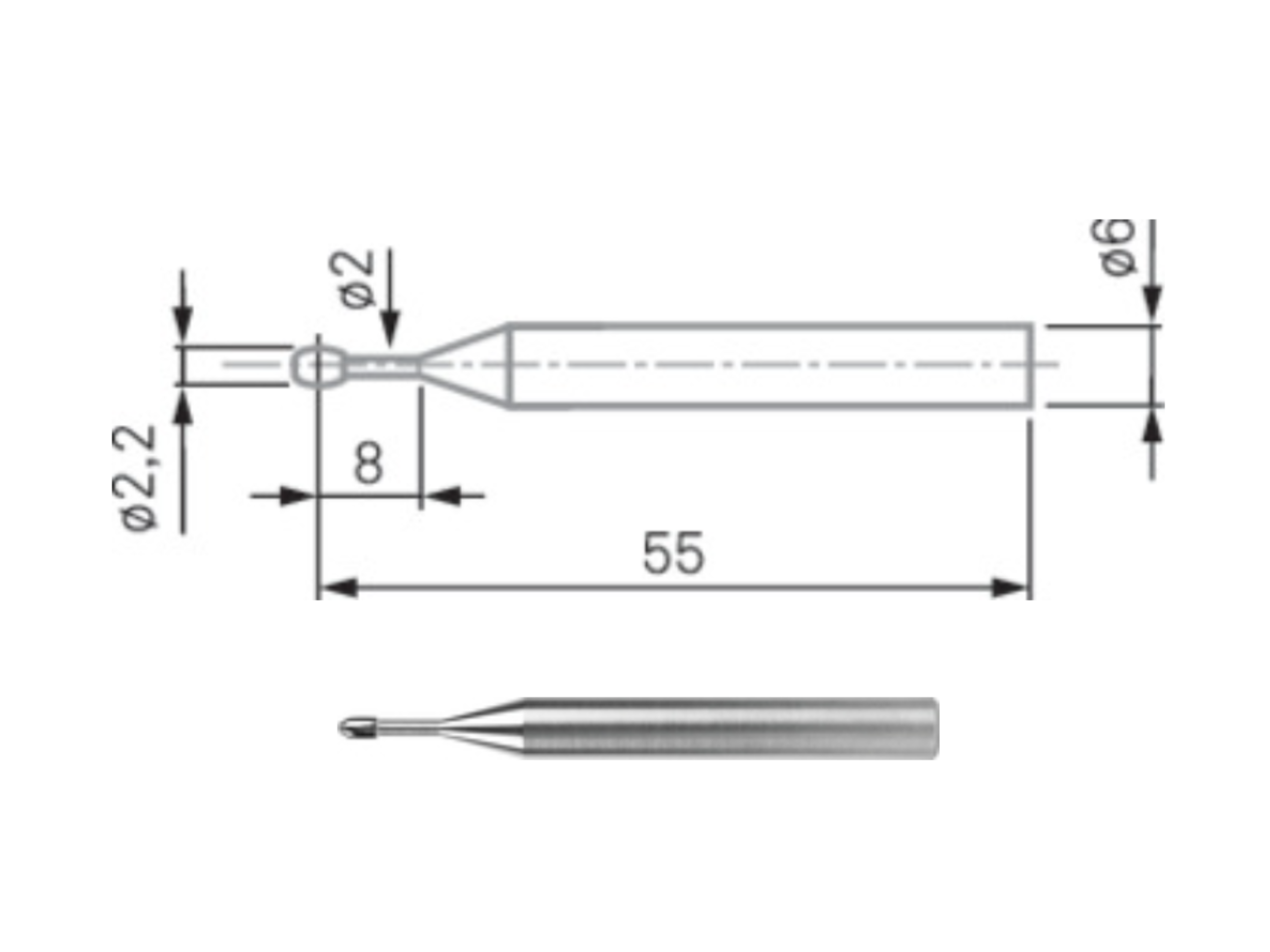 Barrel-shaped Tip Insert, Ø6 mm Shank, Ø2.2mm L57.5mm 00760066