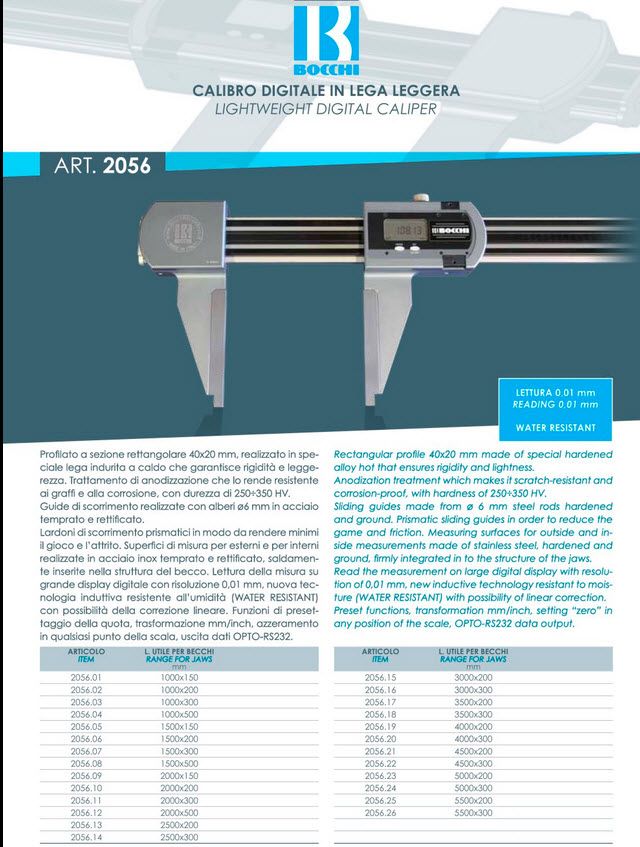 Bocchi 2500mm/100" Light weight digital Caliper Jaw length 200mm/8", Water Resistant, Resolution .01mm/.0005", RS232 Output 2056-13