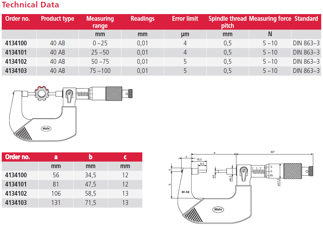 Mahr 40AB Mechanical Spline Micrometers Microbar With Reduced measuring faces Range 25-50mm x .01mm,  4134101