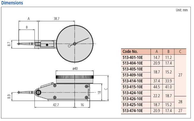 Lever-Type Dial Indicator 0.8mm 0.01mm Ø40mm Ruby Stylus 513-474-10E