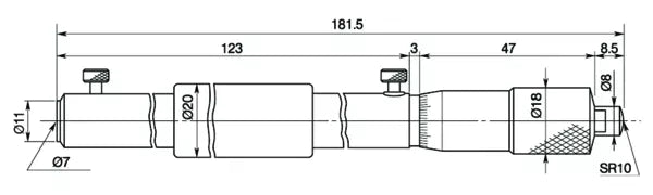 Mitutoyo Inside Micrometer, Interchangeable Rods 200-500mm, with 3 Rods, Hardened Face 141-117