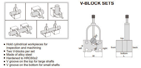 manufacturerV Blocks with C Clamp Clamping range:Ø3.5mm~Ø41mm, V groove parallelism 0.005mm/100mm Squareness within 0.005mm/100mm Made of tool steel with HRC56°~ 60°.