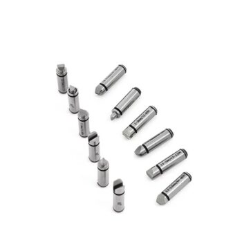 Inspec Set of anvils Item number F0100 For screw thread micrometer Range Thread Angle: 60 Degree Pitches in Set: 64-48TPI/0.4-0.5mm, 44-28TPI/0.6-0.9mm, 24-14TPI/1-1.75mm, 13-9TPI/2-3mm, 8-5TPI/3.5-5mm, and 4.5-3.5TPI/5.5-7mm