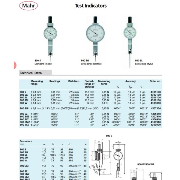 Mahr 4306100 Lever Indicator Range: .8mm graduation .01mm long stylus 36mm Face diam 27mm, 800SL