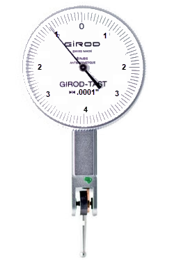 Girod Horizontal Indicator GT 1453A, Graduation: .0001", Range: .008", Reading: 0-4-0, Face 1.5'', Stylus .5'', DIN 2270