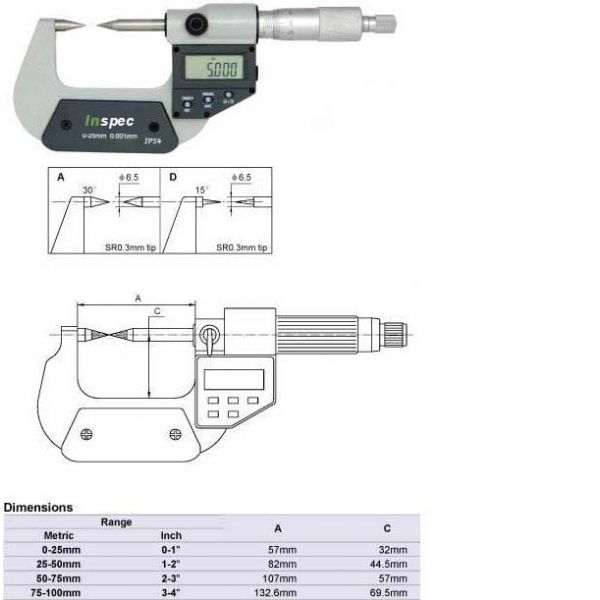 Inspec Digital point micrometer 15°, Code 232-41-510 Range 0-1"/0-25mm resolution .001mm/.00005"