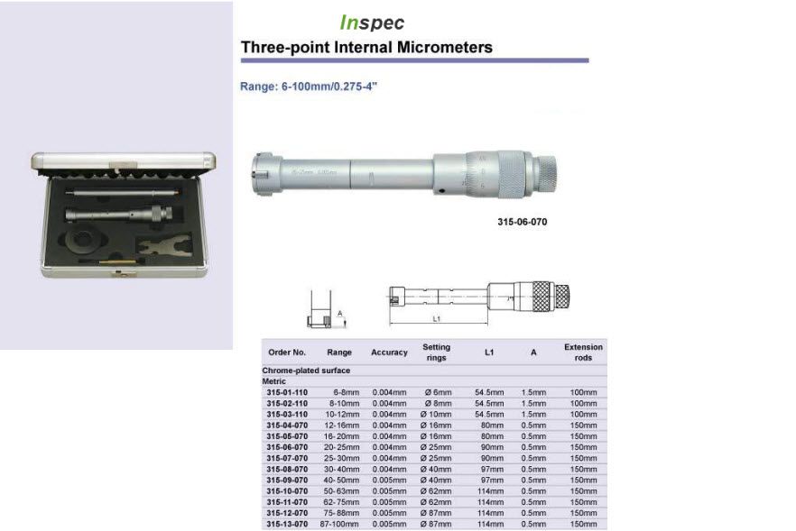Inspec 315-14-070 3 Point micrometers Accuracy:.005mm Graduation:.005mm Range: 100-125mm (Copy)