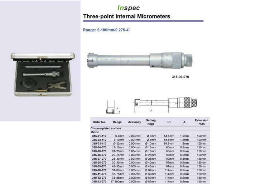 Inspec 315-05-070 3 Point micrometers Accuracy:.004mm Graduation:.005mm Range: 16-20mm