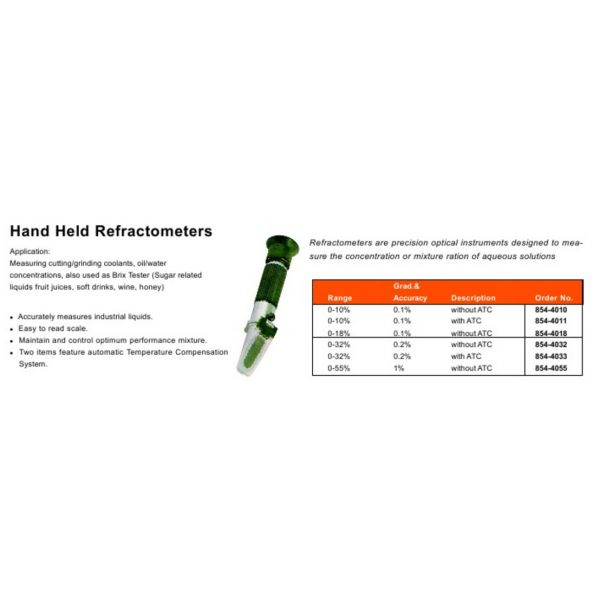 MHC 854-4011 Refractrometer RHB-10ATC, Range 0-10%, Grad. 0.1%, ATC