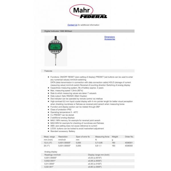 Mahr 4336301 Digital Indicators Accuracy .005mm/.0002'': 12.5mm/1/2'' Resolution: .001mm/.00005 Stem: 8mm 1085 Millitast