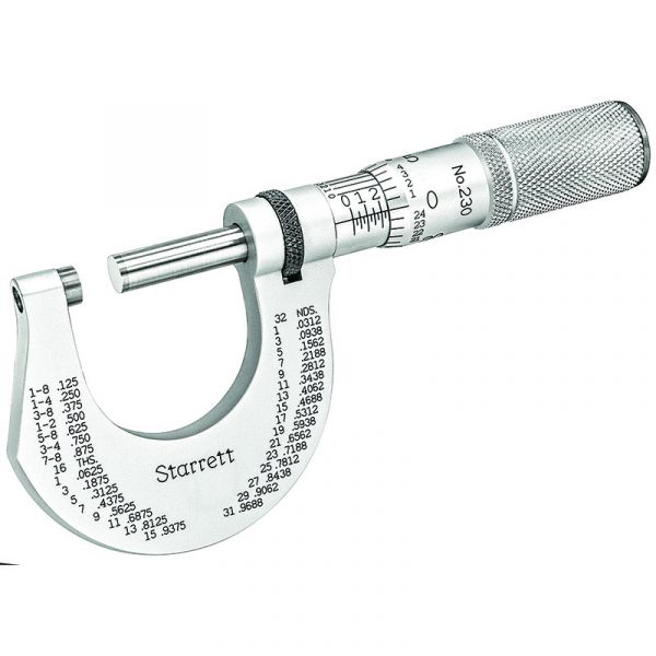 Starrett T230XFL Outside Micrometer includes 0-1" range, friction thimble, lock nut, carbide face, 0-1" Range, .0001" Grad, Carbide Faces, Friction Thimble, Lock Nut.