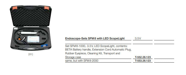 Heine T-553.28.123 Heine SET SFM8-2000, LED SCOPELIGHT, - 3.5V Description : Heine SFM8-1000 Flex & Stay Endoscope Set-3.5V Diameter 0.3"/10mm Radius of curvature 2.36^" (60mm) Direction of view 0 (Copy)